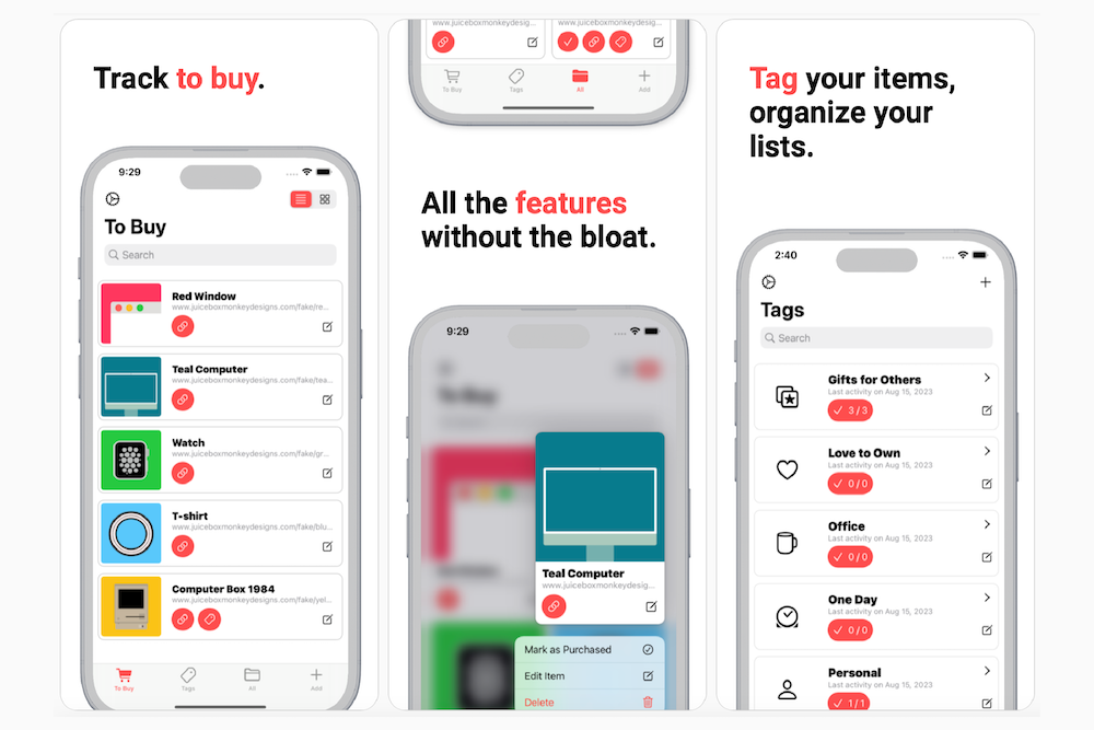 Features inside Just Shopping App